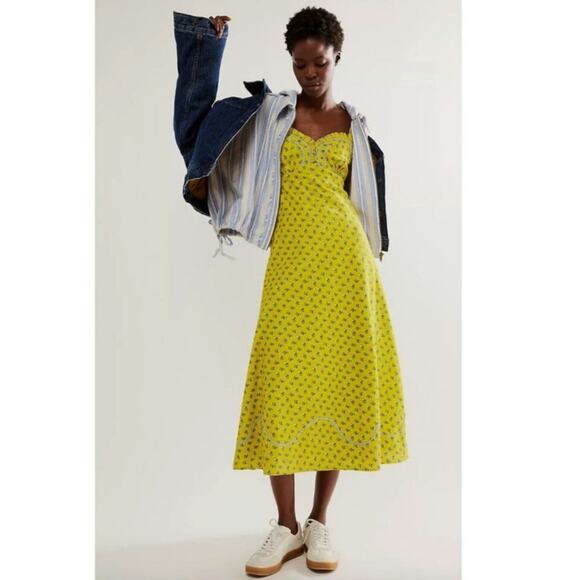 New Free People Sweet Hearts Floral Midi Dress $168 MEDIUM Citronella Chartreuse - Picture 1 of 8